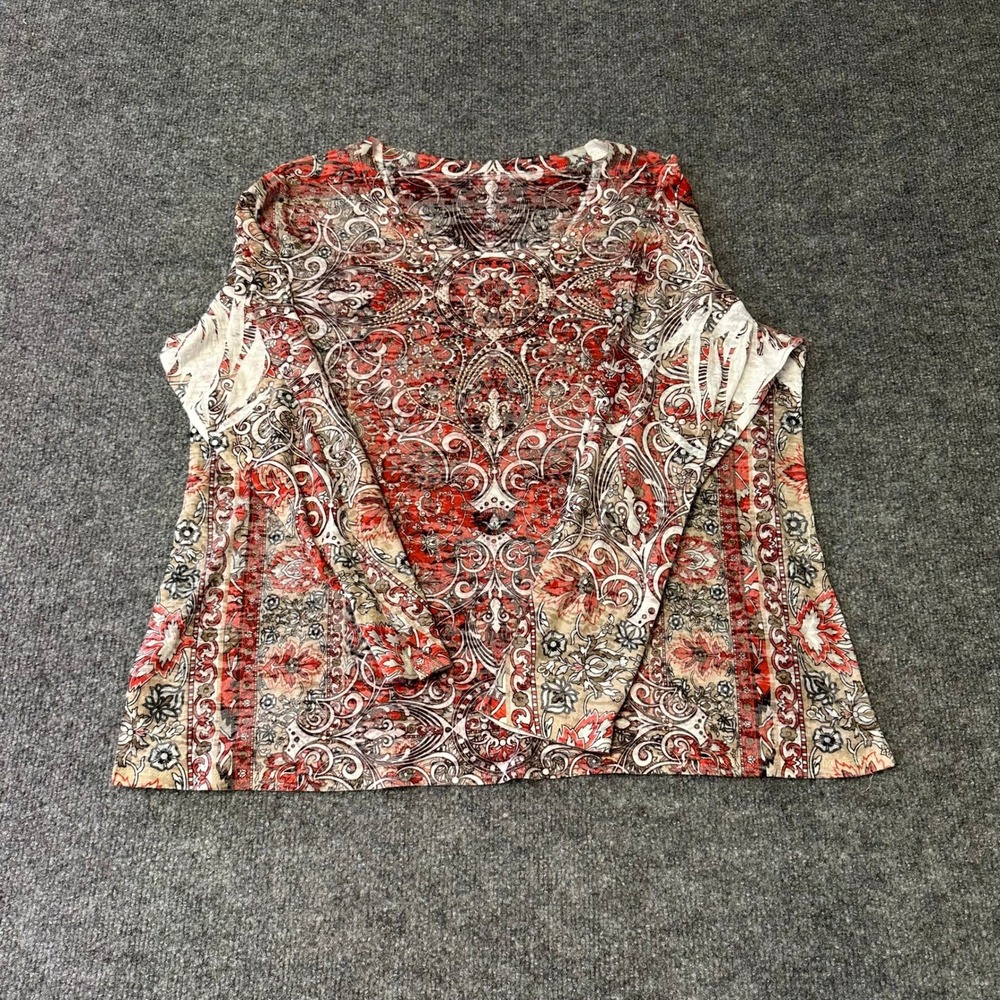 One World Top Womens Size XL Red Paisley Rhinestone Embellished Long Sleeve Boho